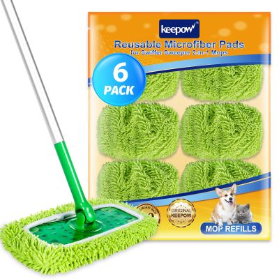 KEEPOW Dry Sweeping/Wet Mopping Cloths for Swiffer Sweeper, Reusable & Washable Microfiber Mop Pads Refills for Hard-Surface/Hardwood Floor Cleaning, 6 Pack (Mop is Not Included)