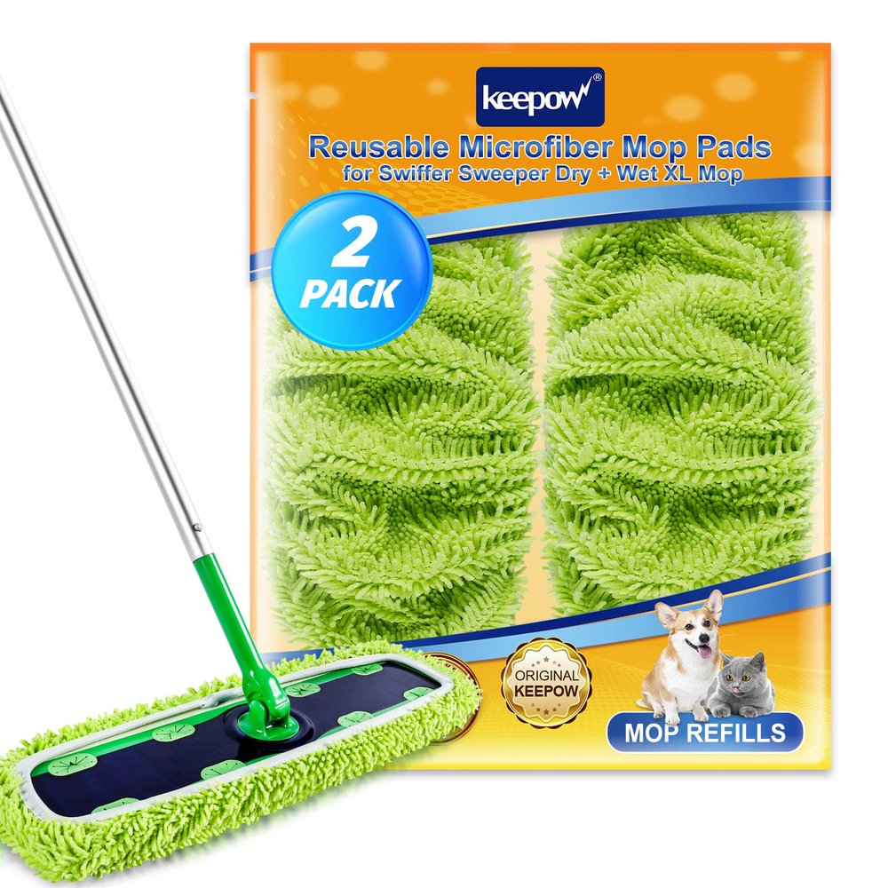 KEEPOW Reusable XL Wet Pads Refills for Swiffer XL Mop Sweeper, X-Large Dry-Sweeping / Wet-Mopping Microfiber Cloths for Surface/Hardwood Floor Cleaning, 2 Pack