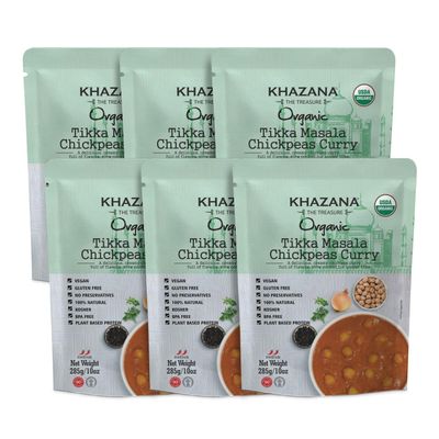 Khazana Organic Ready to Eat Meals - Tikka Masala Chickpeas Curry (Pack of 6, 10oz Pouches) - Non-GMO, Vegan, Gluten Free & Kosher - Authentic Indian Cuisine in 90 Seconds!
