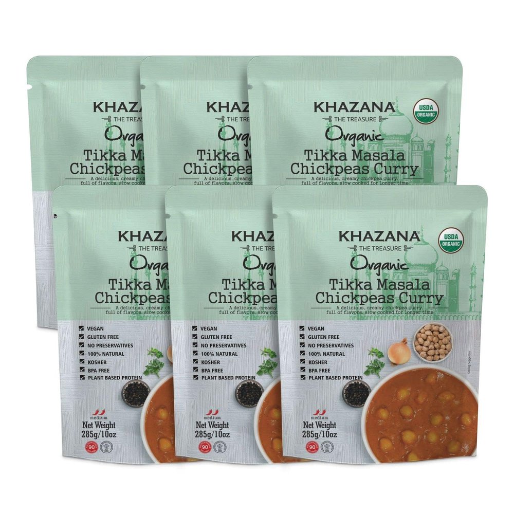 Khazana Organic Ready to Eat Meals - Tikka Masala Chickpeas Curry (Pack of 6, 10oz Pouches) - Non-GMO, Vegan, Gluten Free & Kosher - Authentic Indian Cuisine in 90 Seconds!