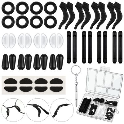 50 Pcs Eyeglasses Retainers Sets 12 Pairs Anti Slip Adhesive Glasses Nose Pads 4 Round Ear Grips 4 Silicone Ear Hooks Holders 4 Glasses Temple Tips Sleeve for Repair(Black)
