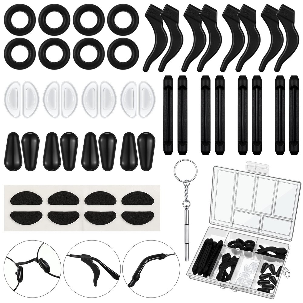 50 Pcs Eyeglasses Retainers Sets 12 Pairs Anti Slip Adhesive Glasses Nose Pads 4 Round Ear Grips 4 Silicone Ear Hooks Holders 4 Glasses Temple Tips Sleeve for Repair(Black)