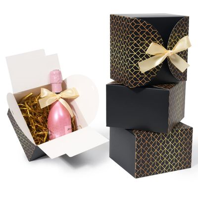 Shallive 6x6x4 Inch 12 Pcs Black Boxes Small Gift Boxes with Lids and Ribbon Groomsmen Gift Box Gold Geometric Paper Empty Box for Graduation Men Birthdays Father's Day Gift Wrapping