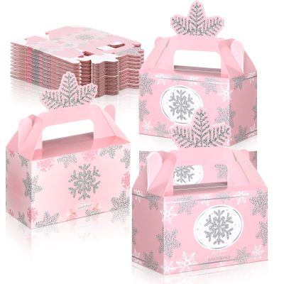 Sinmoe 12 Pcs Winter Wonderland Party Favor Box Birthday Gable Boxes Snowflake Treat Boxes Paper Goodie Gift for Wonderland Birthday Winter Holidays Baby Shower Weddings Decorations(Pink)