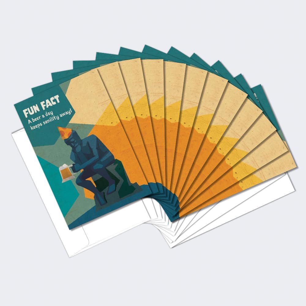 Tree-Free Greetings - Birthday Cards - Artful Designs - 12 Cards + White Envelopes - Made in USA - 100% Recycled Paper - 5"x7" - Thinker Beer Fun Fact (FS64191)