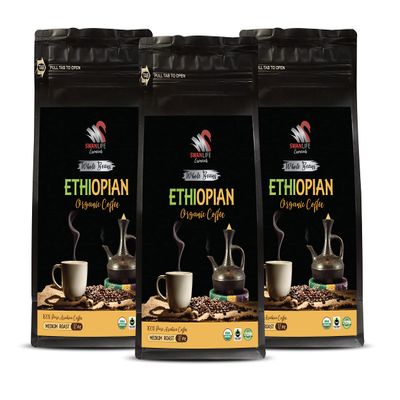 100% ethiopian coffee ground - ETHIOPIAN COFFEE ORGANIC WHOLE BEANS, arabica, medium roast, high acidity - whole bean coffee from ethiopia, 3 Bags (36 oz)