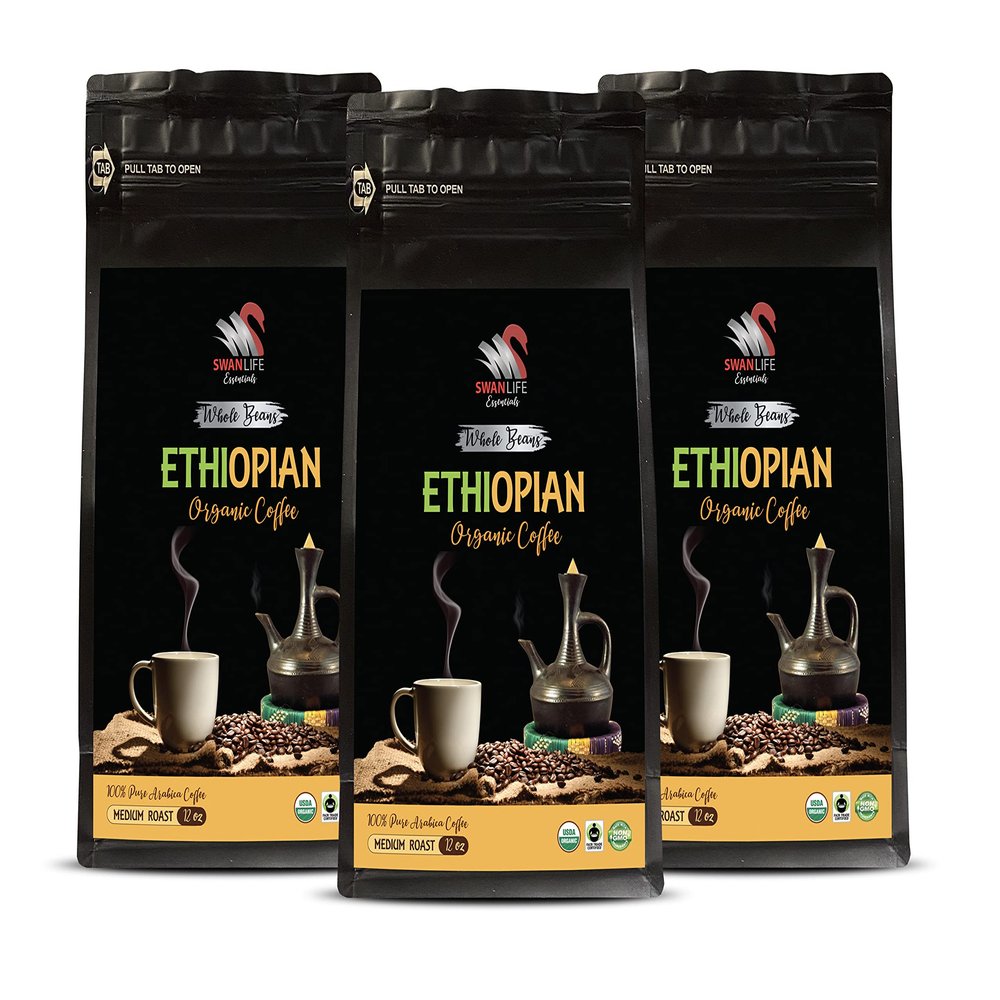 100% ethiopian coffee ground - ETHIOPIAN COFFEE ORGANIC WHOLE BEANS, arabica, medium roast, high acidity - whole bean coffee from ethiopia, 3 Bags (36 oz)