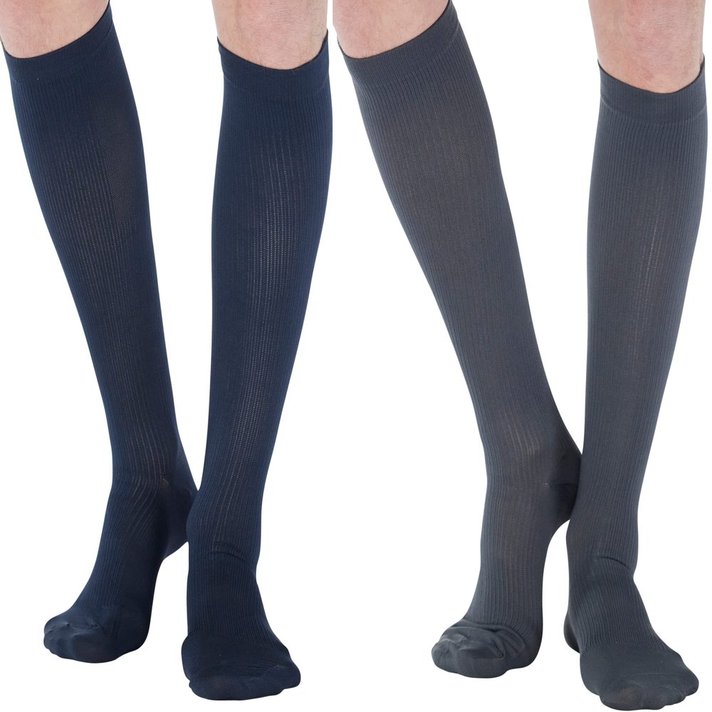(4 Pairs) Compression Socks Men 20-30mmHg for Circulation Varicose Veins Arthritis Post Surgery Diabetic - Compression Knee Hi Hose for Men - Made in USA - Navy & Gray, Small