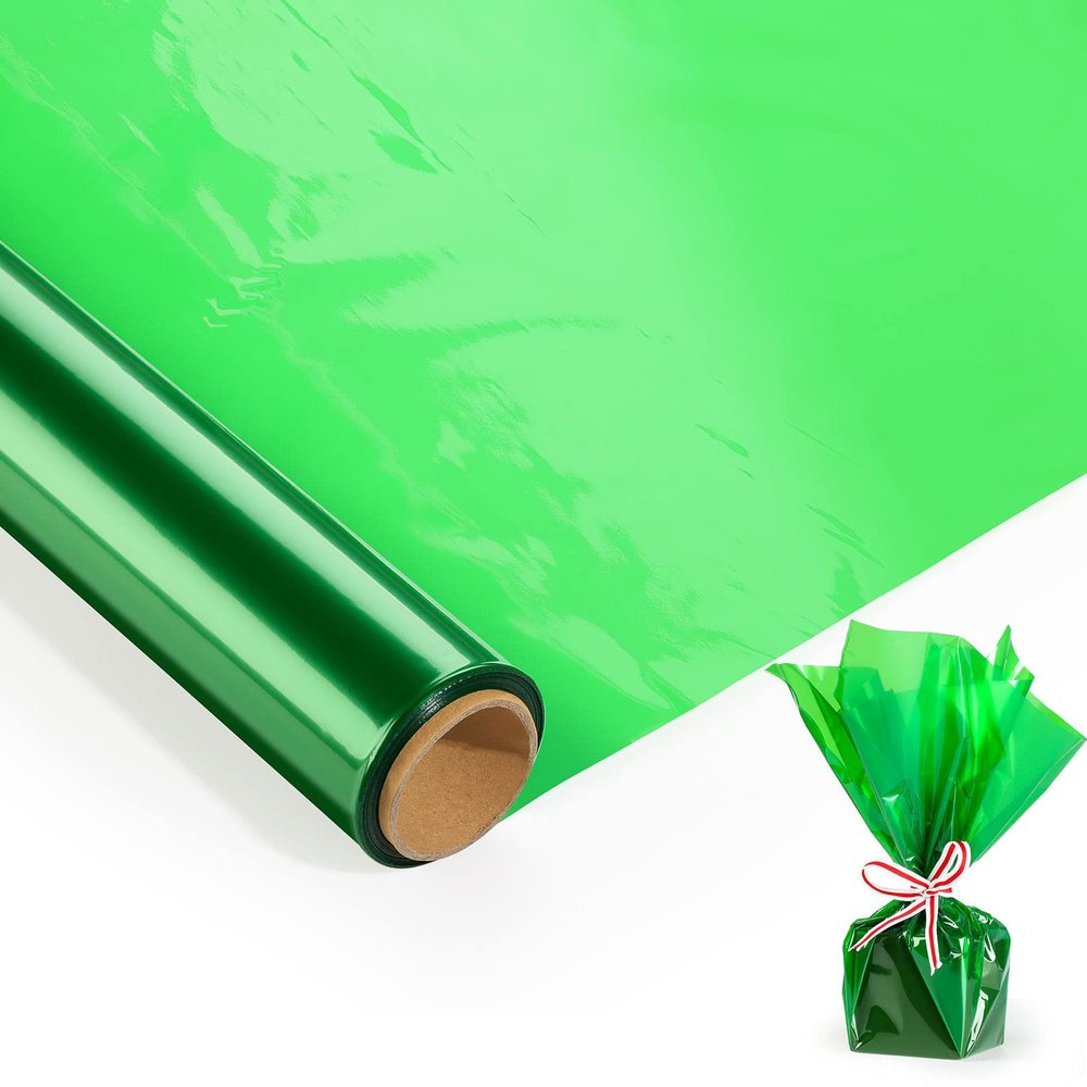 220ft Green Cellophane Wrap Roll (220ft. Long x 17 in. Wide x 2.3 Mil Thick) - Green Transparent Cellophane Roll for Gift Basket Wrap - Plastic Wrap for Decorations, Treats, Christmas Tree Wrapping.
