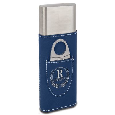 TEEAMORE Personalized Cigar Case with Cutter Custom Cigar Holder Leather 3-Finger Cigar Travel Case Cigar Case Set for Men Blue