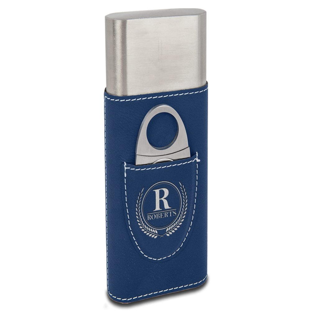 TEEAMORE Personalized Cigar Case with Cutter Custom Cigar Holder Leather 3-Finger Cigar Travel Case Cigar Case Set for Men Blue