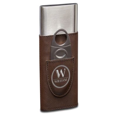 TEEAMORE Personalized Cigar Case with Cutter Custom Cigar Holder Leather 3-Finger Cigar Travel Case Cigar Set for Men Dark Brown