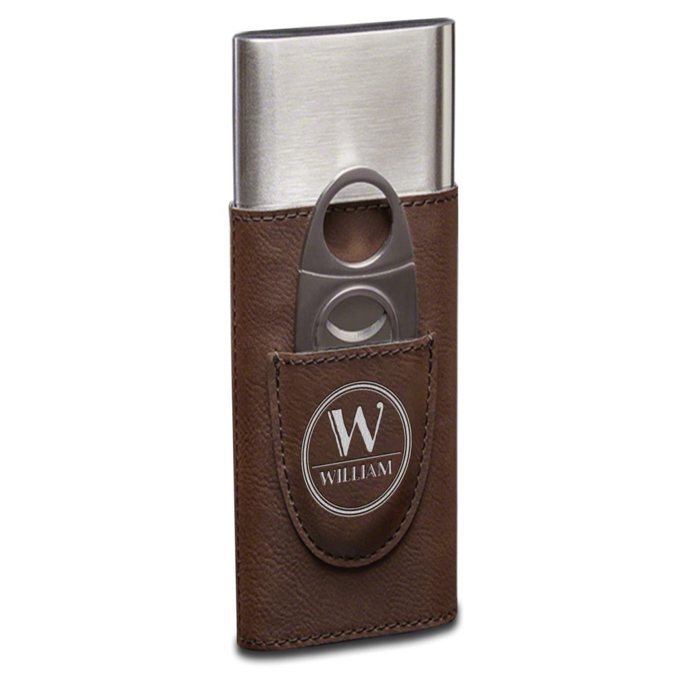 TEEAMORE Personalized Cigar Case with Cutter Custom Cigar Holder Leather 3-Finger Cigar Travel Case Cigar Set for Men Dark Brown
