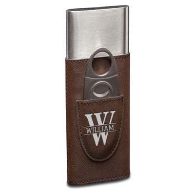 TEEAMORE Personalized Cigar Case with Cutter Custom Cigar Holder Leather 3-Finger Cigar Travel Case Cigar Set for Man Dark Brown