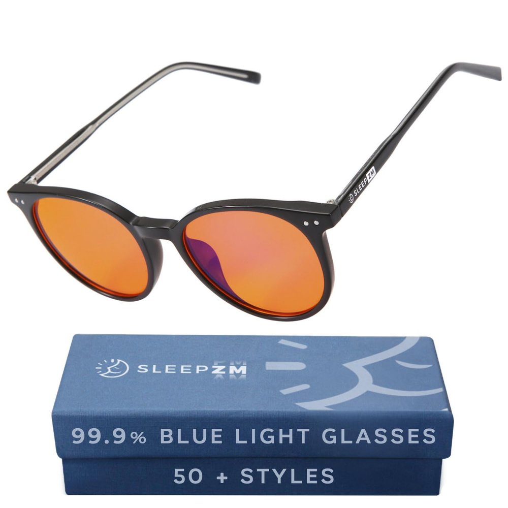 Sleep ZM 100% Blue Light Blocking Glasses for Women + Men - Better Sleep + Anti Eye Strain Protection - Computer Screens & Gaming - Black Small Face Wayfarer - 99% Night-time Amber Lens
