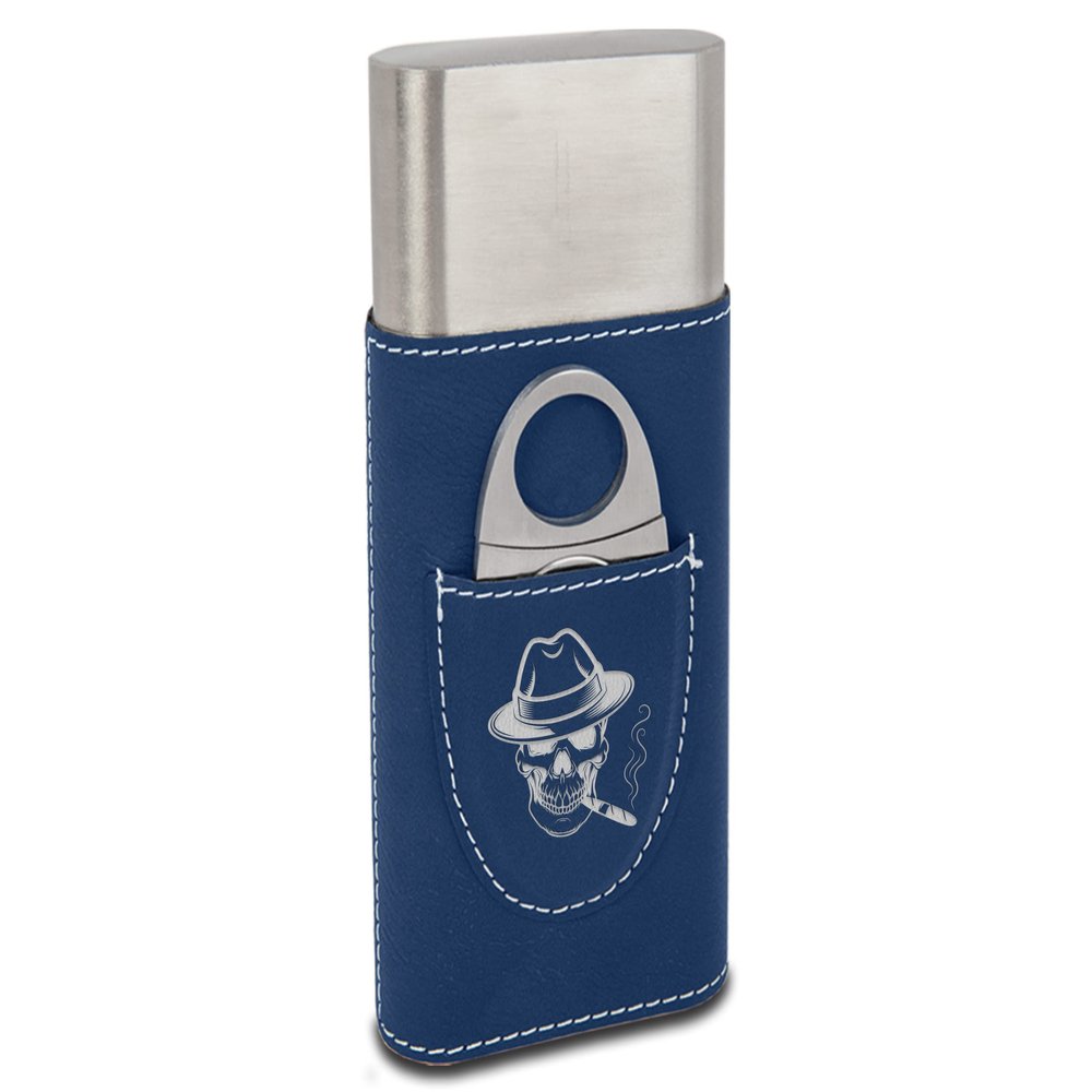 TEEAMORE Personalized Cigar Case with Cutter Custom Cigar Holder Leather 3-Finger Cigar Travel Case Cigar Case Set for Man Blue