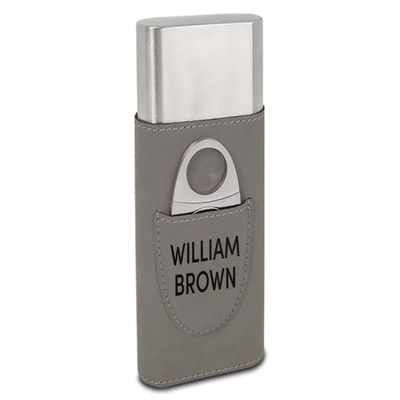 TEEAMORE Personalized Cigar Case with Cutter Custom Cigar Holder Leather 3-Finger Cigar Travel Case Cigar Gift Set for Man Gray
