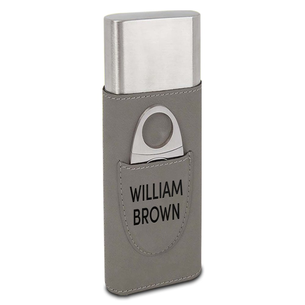 TEEAMORE Personalized Cigar Case with Cutter Custom Cigar Holder Leather 3-Finger Cigar Travel Case Cigar Gift Set for Man Gray