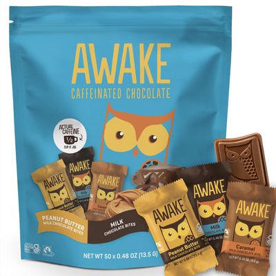 AWAKE - Caffeinated Chocolate Bites - 50mg Caffeine - Variety Pack (3 Flavors), 50 Bites - Peanut Butter, Milk, & Caramel - Energy Bites - Coffee Alternative - Fairtrade, Gluten Free, Non GMO - 0.48oz