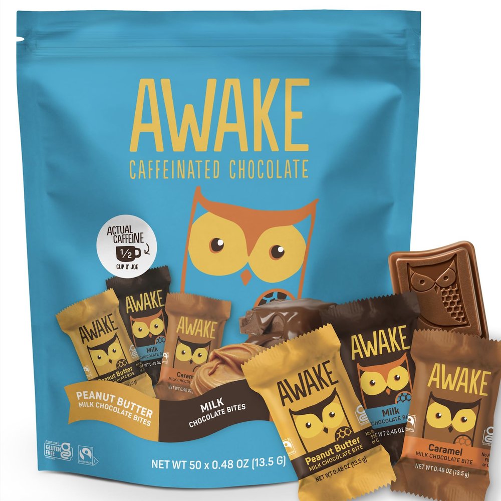 AWAKE - Caffeinated Chocolate Bites - 50mg Caffeine - Variety Pack (3 Flavors), 50 Bites - Peanut Butter, Milk, & Caramel - Energy Bites - Coffee Alternative - Fairtrade, Gluten Free, Non GMO - 0.48oz