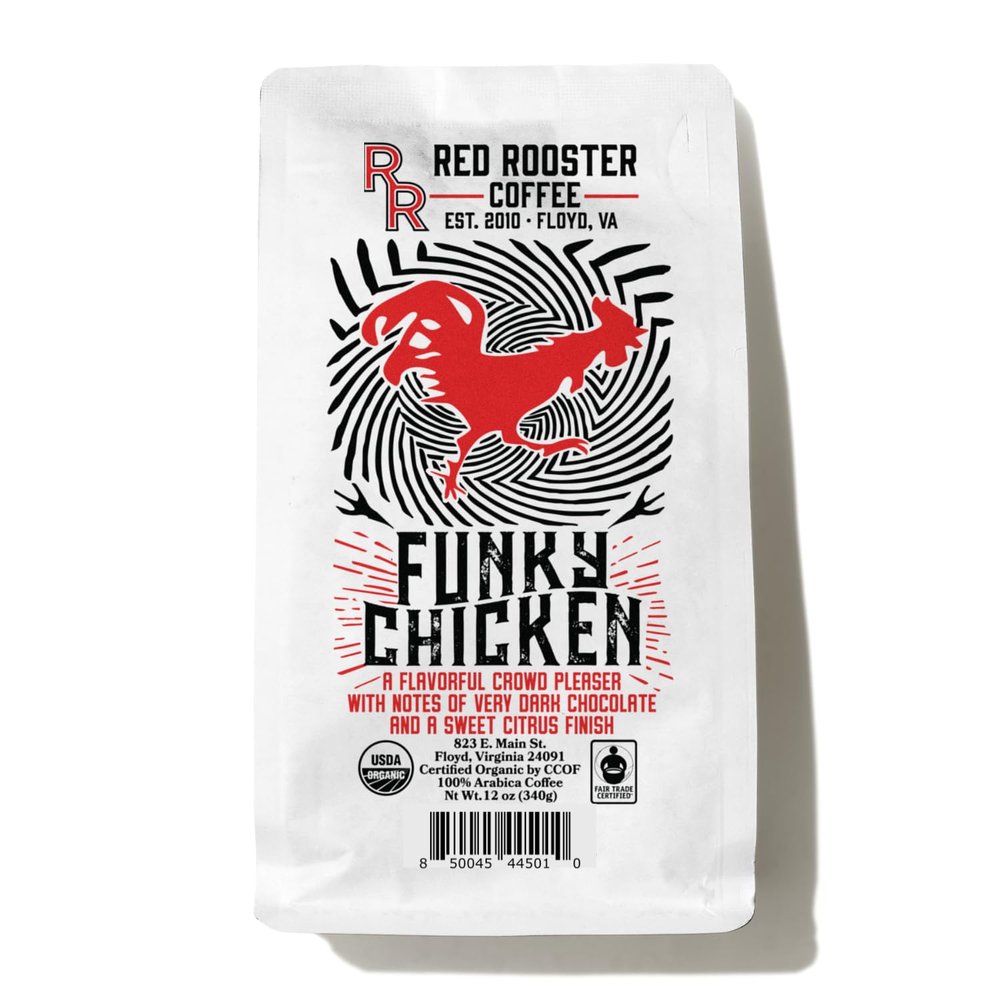 Red Rooster Coffee, Organic Funky Chicken Coffee  Medium-Dark Roast Whole Bean  Notes of Pecan Praline, Milk Chocolate Truffle & Lemon-Lime  12oz  USDA Organic, Fair Trade