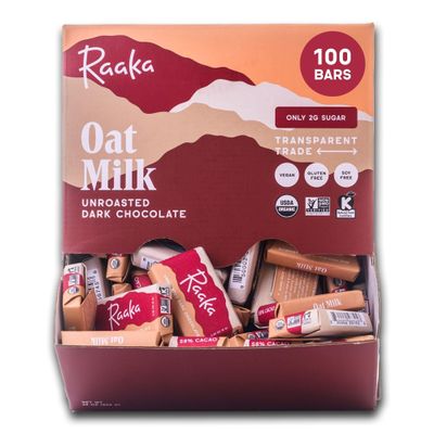 Raaka Oat Milk Mini Chocolates | 58% Cacao Vegan Milk Chocolate | Organic, Vegan, Gluten Free | Box of 100 Individually Wrapped Chocolates