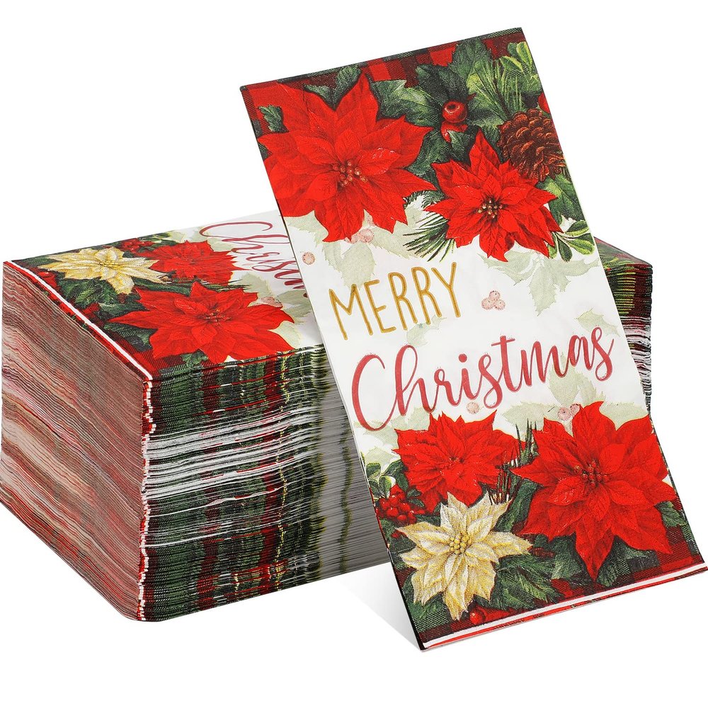 100 Pcs Christmas Poinsettia Napkins Red Green Buffalo Plaid Bordered Poinsettia Disposable Paper Dinner Napkins Merry Christmas Holly and Berry Hand Towels for Home Kitchen Christmas Party Supplies