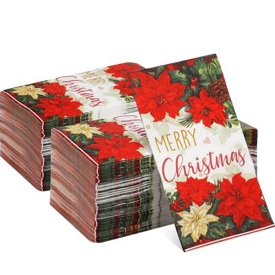 200 Pcs Christmas Poinsettia Napkins Red Green Buffalo Plaid Bordered Poinsettia Disposable Paper Dinner Napkins Merry Christmas Holly and Berry Hand Towels for Home Kitchen Christmas Party Supplies
