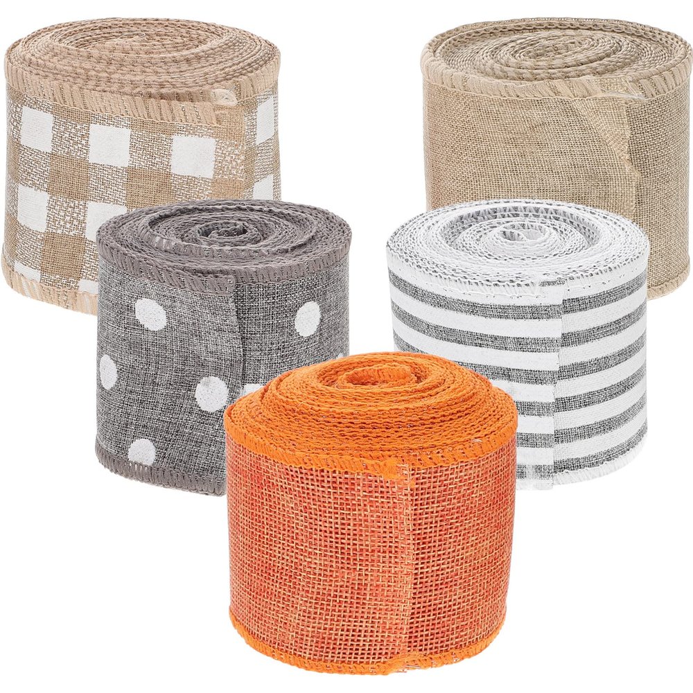EXCEART 5rolls Christmas Decorative Ribbons Wide Faux Linen Wired Ribbons for Xmas Tree Wrapping Hair Accessories and Home Crafts Includes Striped Dotted and Plaid Designs