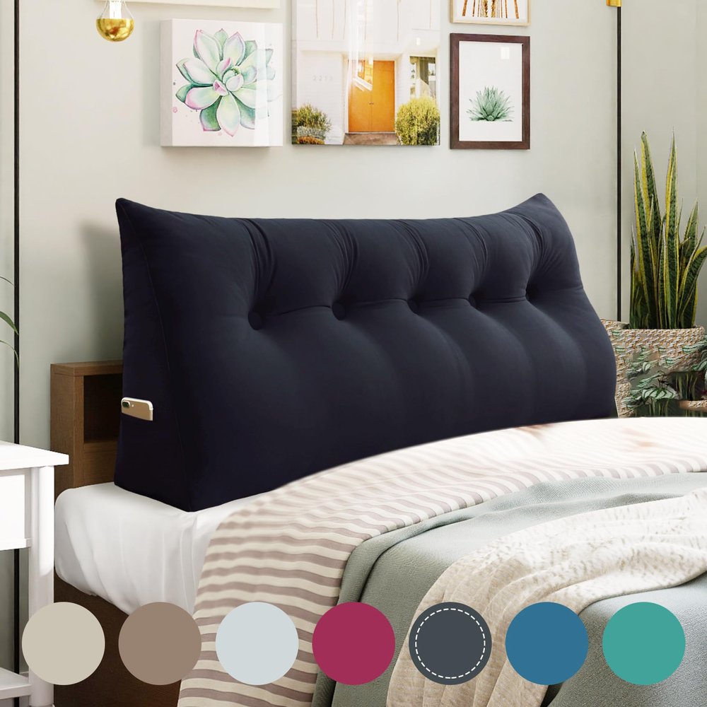 Rucener 11 lbs Thickened Queen Headboard Pillow for Sitting Up in Bed, Back Support Reading Pillow with Side Pocket and Velvet Removable Cover, Triangular Large Wedge Headboard Pillow