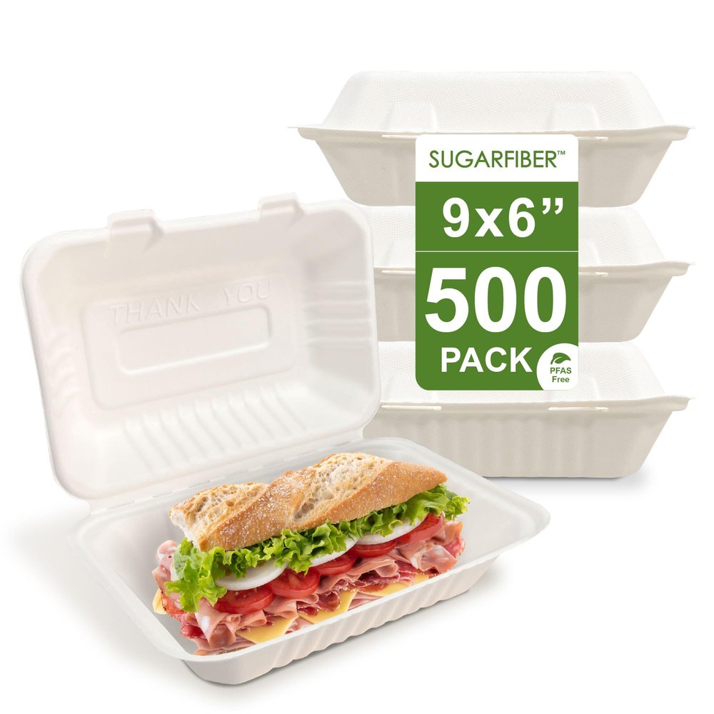 [500 COUNT]Harvest Pack 9 X 6" PFAS FREE White Compostable Clamshell Food Containers, Heavy-Duty Hinged Container, Disposable Bagasse Eco-Friendly Natural Takeout to go Box, Made from Sugarcane