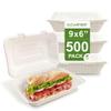 [500 COUNT]Harvest Pack 9 X 6" PFAS FREE White Compostable Clamshell Food Containers, Heavy-Duty Hinged Container, Disposable Bagasse Eco-Friendly Natural Takeout to go Box, Made from Sugarcane view 1