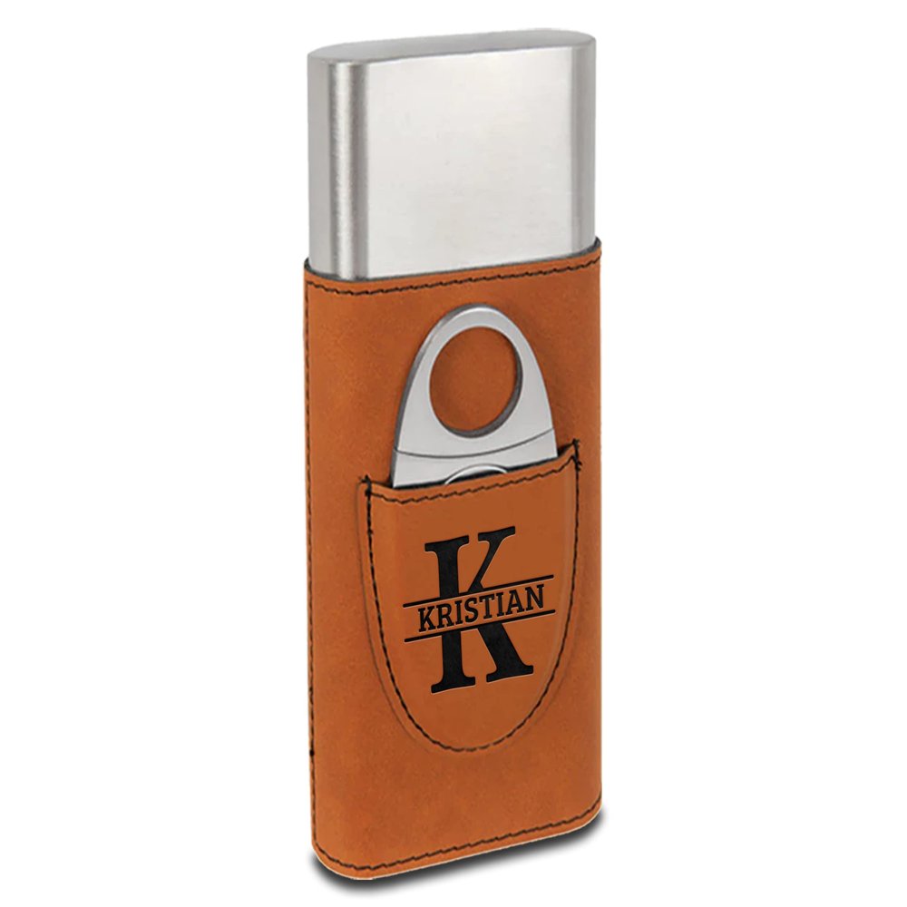 TEEAMORE Personalized Cigar Case with Cutter Custom Cigar Holder Leather 3-Finger Cigar Travel Case Cigar Set for Men Rawhide