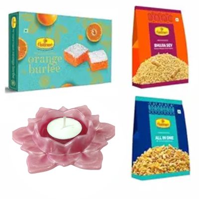 Haldiram's Nagpur Orange Burfee 500 Grams, Bhujia Sev(200 gm),All in One(200 gm) with Large Diya
