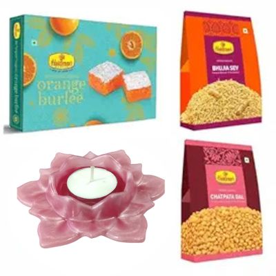 Haldiram's Nagpur Orange Burfee 500 Grams, Chatpata Dal(200 gm),Bhujia Sev(200 gm) with Large Diya