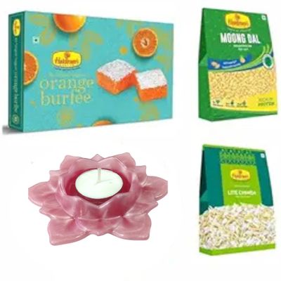 Haldiram's Nagpur Orange Burfee 500 Grams, Moong Dal(200 gm),Lite Chiwda(200 gm) with Large Diya