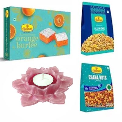 Haldiram's Nagpur Orange Burfee 500 Grams, Chana Nuts(200 gm),All in One(200 gm) with Large Diya