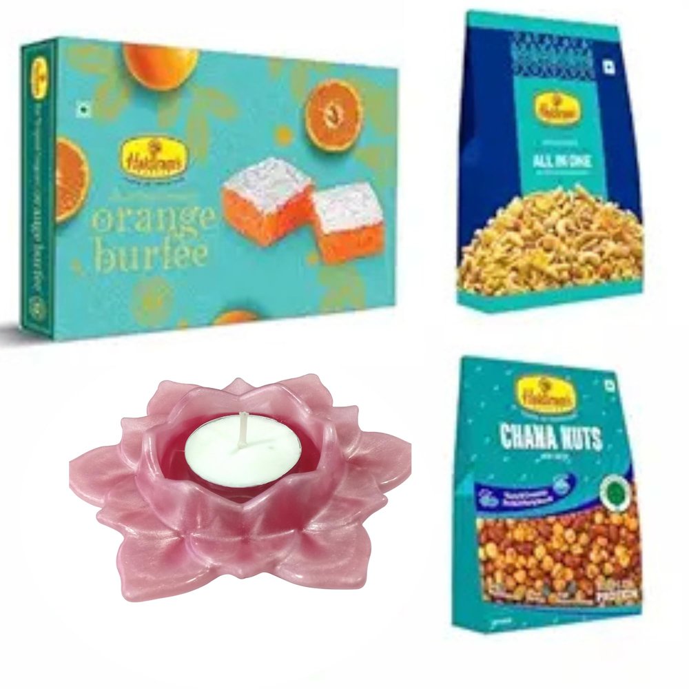 Haldiram's Nagpur Orange Burfee 500 Grams, Chana Nuts(200 gm),All in One(200 gm) with Large Diya