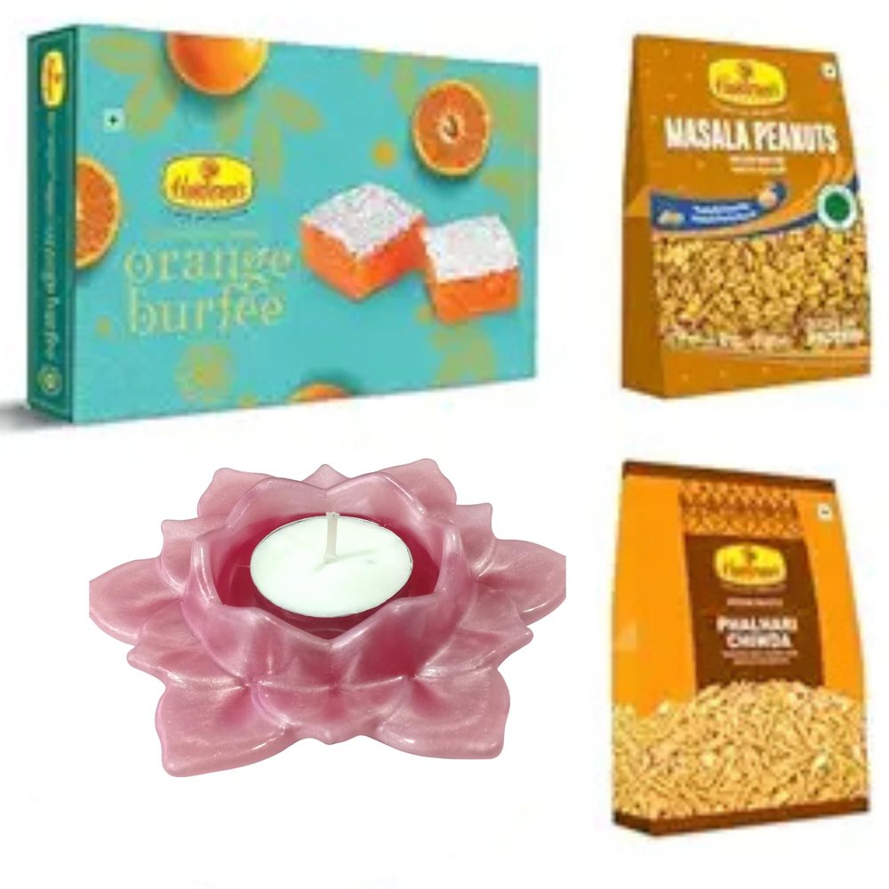 Haldiram's Nagpur Orange Burfee 500 Grams, Masala Peanuts(200 gm),Phalhari Chiwda(200 gm) with Large Diya
