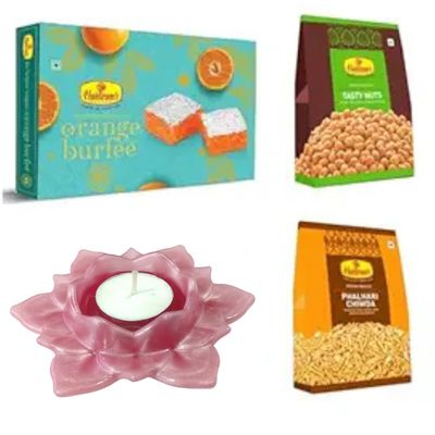 Haldiram's Nagpur Orange Burfee 500 Grams, Phalhari Chiwda(200 gm),Tasty Nuts (200 gm) with Large Diya