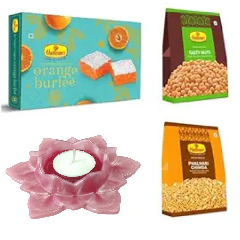 Haldiram's Nagpur Orange Burfee 500 Grams, Phalhari Chiwda(200 gm),Tasty Nuts (200 gm) with Large Diya
