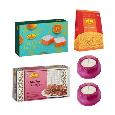 Haldiram's Nagpur Orange Burfee 250Grams, Dodha Burfee 250 gm, Aloo Bhujia(200 gm) with 2 Small Diya