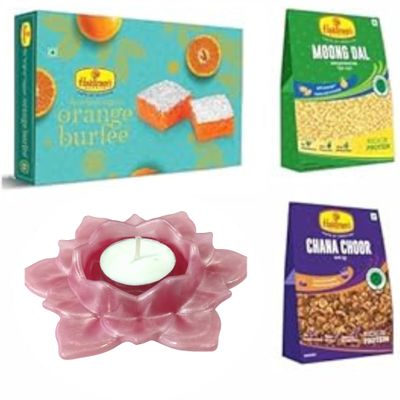 Haldiram's Nagpur Orange Burfee 500 Grams, Chana Choor(200 gm),Moong Dal(200 gm) with Large Diya