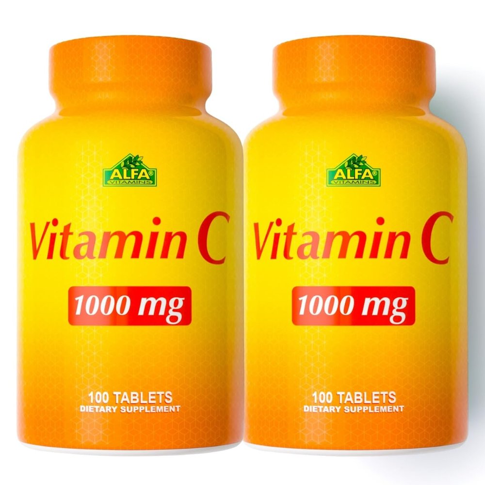 ALFA VITAMINS Vitamin C Supplement 1000mg, Powerful Antioxidant for Immune Support & Healthy Skin, Promotes Collagen Formation, Dietary Supplement for Daily Wellness, 100 Tablets, 2 Bottle Pack