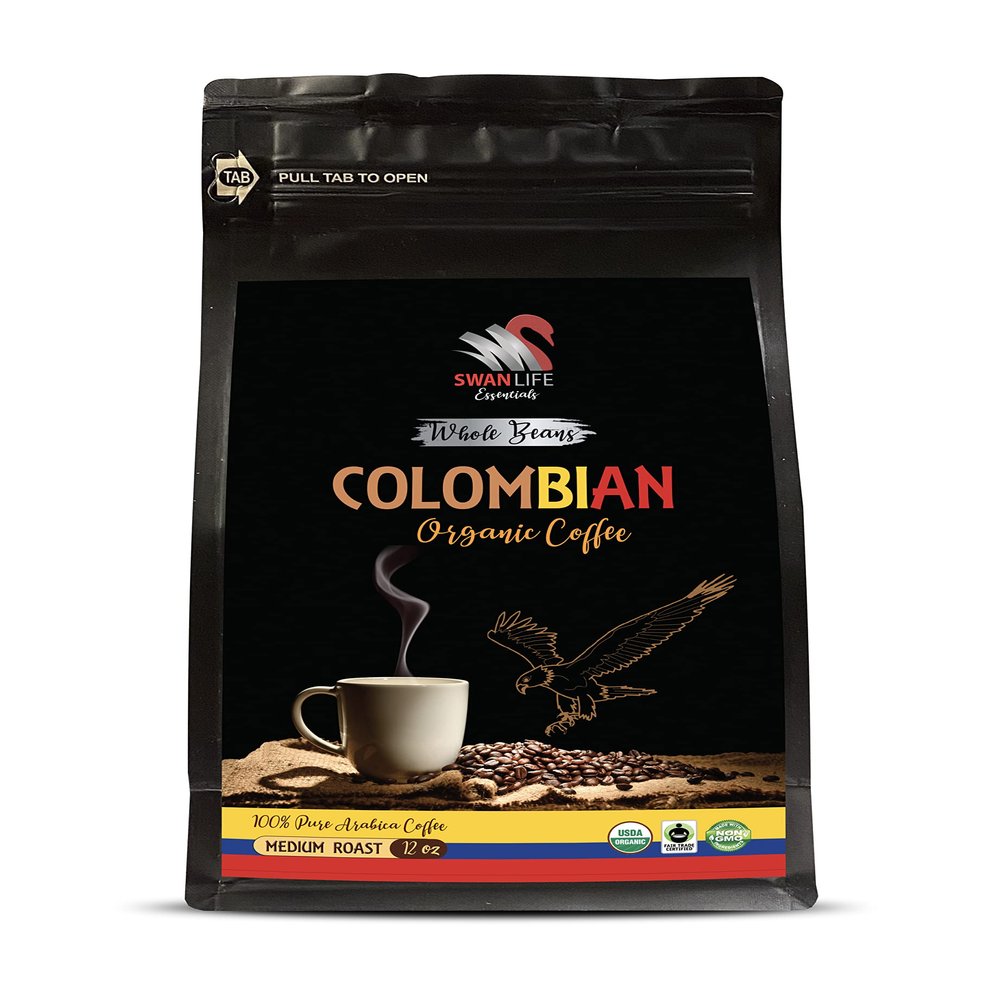 coffee beans arabica - COLOMBIAN WHOLE BEANS ORGANIC COFFEE, 100% pure arabica, acidity medium, medium roast, fair trade - organic energy booster for women, 1 Bag (12 Oz)