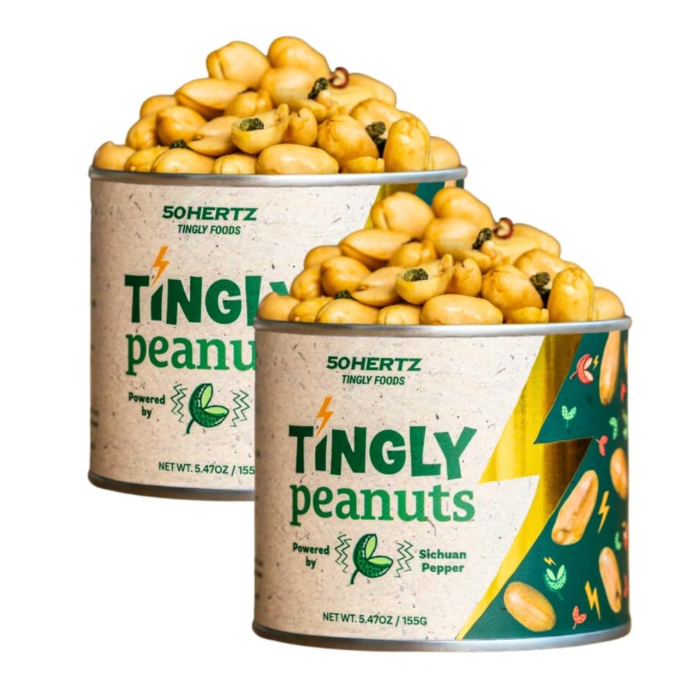 50Hertz Tingly Peanuts 5.5 oz Can (2 Pack)  Extra Large Crunchy Peanuts with Sichuan Pepper (Szechuan Peppercorn)  Tongue-Tingling Mala Numbing Snacks  35g Protein, Natural Dry Mouth Relief