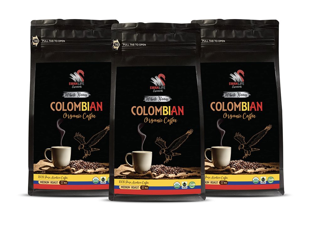 whole bean coffee - COLOMBIAN WHOLE BEANS ORGANIC COFFEE, 100% pure arabica, acidity medium, medium roast, fair trade - colombian coffee bulk, 3 Bags (36 Oz)