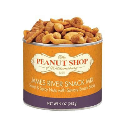 The Peanut Shop of Williamsburg James River Snack Mix, Williamsburg Peanuts, with Mixed Nuts and Sesame Corn Sticks - 9 Oz Tin