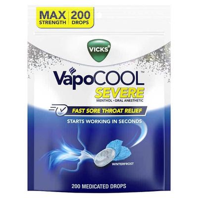 Vicks VapoCOOL Severe, WinterFrost Throat Drops, 200 Drops