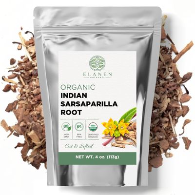 Elanen Naturals Organic Sarsaparilla Root 4 oz. (113g), USDA Certified Organic Indian Sarsaparilla Tea, Hemidesmus Indicus Sasparilla, Sarsparilla, Zarzaparrilla, Cut & Sifted